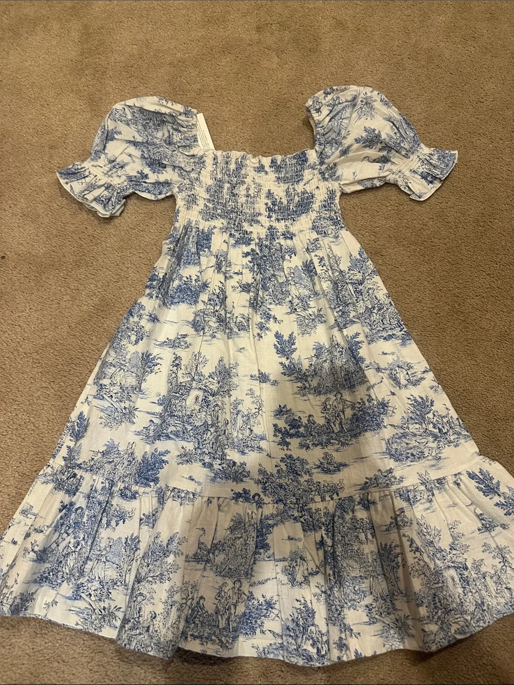 Smocked Blue Toile Puff-Sleeve Girls Dress by LoveShackFancy